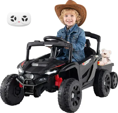 Produktbild von COSYWAY Kinder Elektroauto mit abnehmbarem Anhänger, 12V Kinderauto elektrisch mit 2,4G Fernbedienung, Federdämpfer, Licht&Musik, für Kinder 3+Schwarz