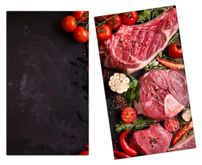 Produktbild von Spritzschutz Herdabdeckplatte Schneidebrett aus Glas Steak und Gemüse 2-Teilig (60x52cm)
