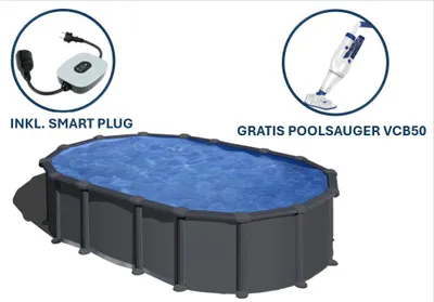 Produktbild von GRE Ovaler Stahlwandpool mit Anthrazitoptik KITPROV6188GY – 610 x 375 x 132 cm,, Komplettset + GRATIS Elektrischer Poolreiniger VCB50