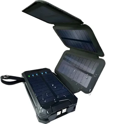 Produktbild von Linomag® Solar Power Bank, 8000 mAh, 4 Panele, 1x Lightning-Kabel & 1x USB Type-C-Kabel enthalten, Wasserdicht, Mattschwarz, 11,4 x 6,8 cm