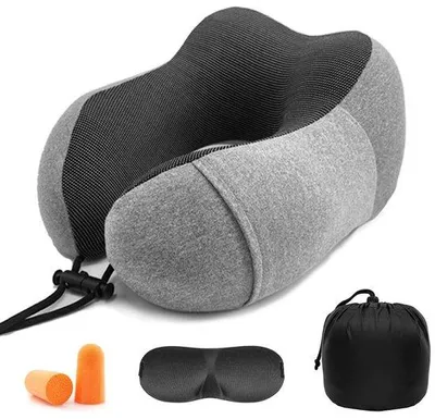 Productafbeelding van Unyqoos® neksteunkussen-set met traagschuim, ergonomische kameleigenschappen, 3D-slaapmasker en oordopjes – reisvriendelijk met bevestigingsknopen en een tas