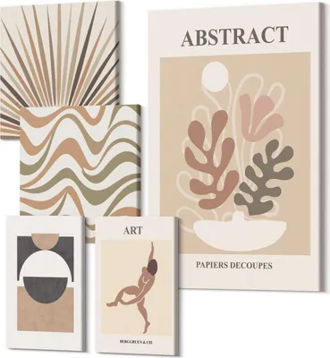 Produktbild von Leinwandbilder Mehrteilig 5-teilig – Modernes Design – Hochwertiger Polycanvas Kunstdruck – Wanddekoration & Wandkunst – Bilder für Zuhause – 2x 30x30 cm + 2x 20x30 cm + 1x 40x60 cm – Stilvolle Abstraktionen mit Pflanzenmotiven und -formen