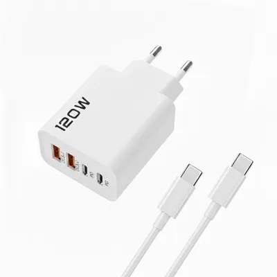 Produktbild von 120W USB-C Schnellladegerät Weiß mit 2m USB-C auf Ladekabel (60W) – 4-Port Schnellladeadapter (2× USB-C, 2× USB-A) für Smartphone, Tablet & mehr
