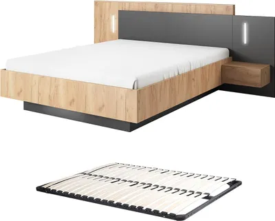 Produktbild von Bett mit Nachttischen 140 x 190 cm - 2 Schubladen - Mit LED-Beleuchtung - Farben: Natur und Anthrazit + Ständer - FRANCOLI