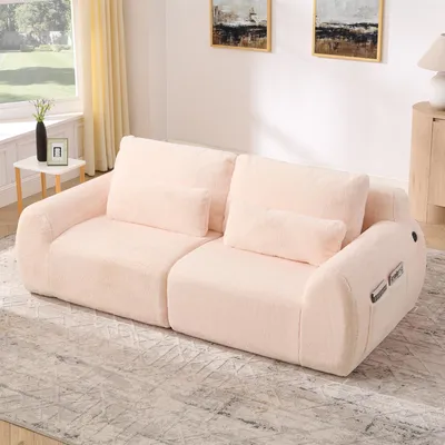 Immagine prodotto di Divano a due posti, rivestito in ecopelliccia effetto pelo di coniglio, con elevata elasticità, dotato di porta USB, tasca laterale per riporre oggetti, ideale per piccoli salotti, uffici o camere da letto, color rosa
