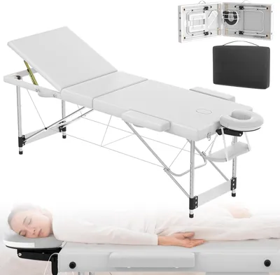 Image de ACXIN table de massage en aluminium pliable et réglable en hauteur avec 3 zones, capacité de charge 230 kg, rembourrage en mousse de 8,5 cm, sac de transport, appui-tête et accoudoirs latéraux inclus (blanc)