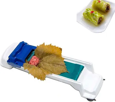 A sarma roller with ingredients and finished sarma rolls.