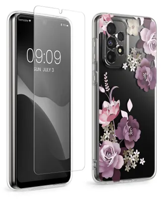 Produktbild von kwmobile Hülle kompatibel mit Samsung Galaxy A33 5G Handyhülle - Silikon Case transparent - Mit Glas Schutzfolie - Blumenblüten und Rosen Pastelllila
