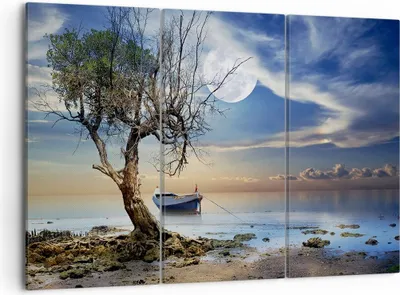 Produktbild von Bild auf Leinwand - Leinwandbild - Nacht Mond Boot - 105x70cm - Wand Bild - Wanddeko - Wandbilder - Leinwanddruck - Bilder - Kunstdruck - Wanddekoration - Leinwand bilder - Wandkunst - CE105x70-3457