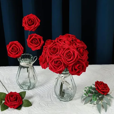 Produktbild von Künstliche Blumen Rosen,25 Stück Deko Blumen Fake Rosen mit Stielen DIY Hochzeit,Brautparty-Mittelstücke,Blumensträuße Braut Zuhause Dekoration,Rot