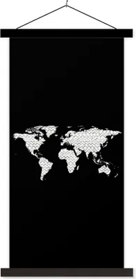 Produktbild von MuchoWow® Textilposter Weltkarte - Muster - Schwarz 90x180 cm mit schwarzem Rahmen - Dekoration Wohnzimmer