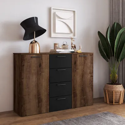 Produktbild von Masseno Kommode BETTINA 132 cm Sideboard mit 4 Schubladen und 2 Türen für Wohnzimmer Schlafzimmer Modern 132x38x93 cm Multicolor / Multicolor