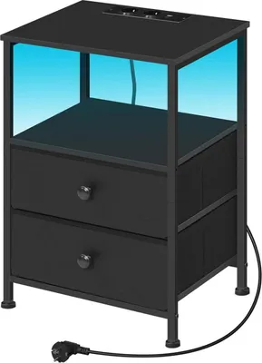 A black nightstand with two drawers, a shelf, and LED lighting.