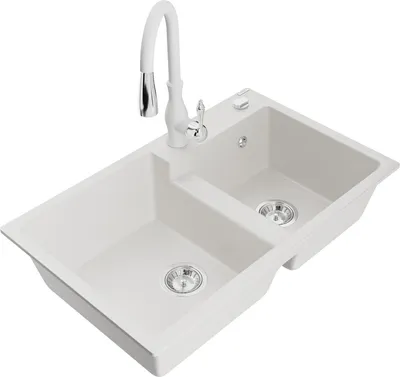 Produktbild von Mexen Tomas 2-Becken-Granitspüle mit Mischbatterie Savita, Weiß - 6516-20-672601-20