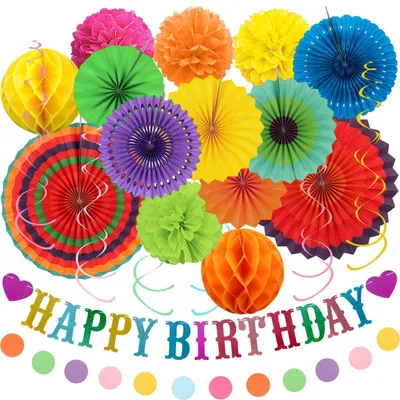 Produktbild von Geburtstagsdeko 22-teiliges Set Bunte Party Girlande Papier Wabenbälle Pompons Mehrfarbig