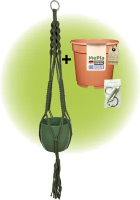 Produktbild von MePla - Set - Ampel Makramee Naturgrün - Basel ø14 Moosgrün + Kulturtopf ø13 + Beipack-Set 21550-001