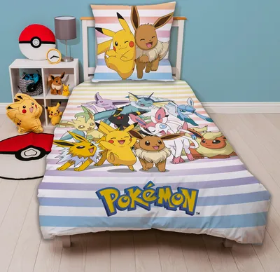 Produktbild von Pokémon Bettwäsche Set für Kinder 135x200 80x80 cm aus 100% Baumwolle mit Reißverschluss · Buntes Motiv mit Pikachu und weiteren Pokemon inkl. Wendeseite