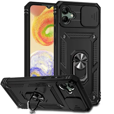 Immagine prodotto di Custodia per Samsung Galaxy A04 a doppio strato con copertura scorrevole della fotocamera e supporto ad anello nero