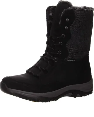 A black winter boot with gray accents.