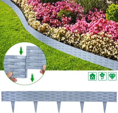 A garden border made of interlocking gray plastic pieces is shown installed along a flower bed with pink and white flowers and green grass. An inset shows how the pieces connect. A separate image below shows a single piece of the border with stakes.