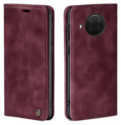 A burgundy flip case for a smartphone is shown from two angles against a white background.