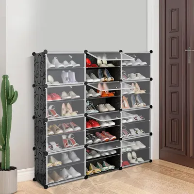 Zdjęcie produktu dla Szafka na buty/półka na buty – szafka modułowa – 12 drzwi – metalowa rama – drzwi z tworzywa sztucznego – łatwy montaż – 120 x 30 cm – czarna