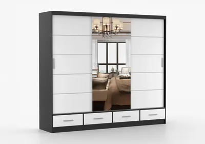 Produktbild von FRENCE Schwebetürenschrank 253 cm Schwarz Matt/Weiß Matt mit Spiegel, großer Kleiderschrank 2-türig mit Schubladen