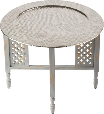Produktbild von Marokkanischer Runder Tisch Couchtisch Hania ø 60cm rund | Orientalischer Wohnzimmertisch mit klappbaren Vintage Gestell aus Holz in Grau | Das Tablett Dieser Klapptisch ist aus Metall in Silber