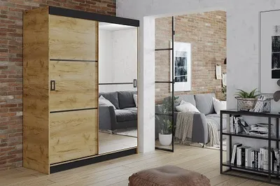 Produktbild von FurMeb24 Schiebetrenschrank RETRO 2-138x200cm Kleiderschrank mit Spiegel, 2-triger Schiebeschrank (Eiche Craft Gold / Eiche Craft Gold + Spiegel und schwarze Beschl€ge)