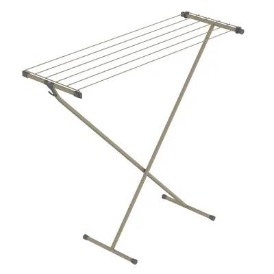 A beige and gray collapsible laundry rack is shown against a white background.