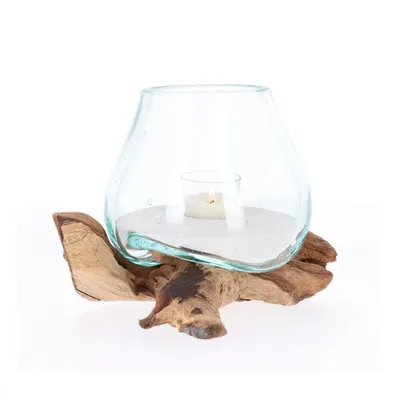 Produktbild von Windlicht aus recyceltem Glas auf Wurzelholz - Teelichthalter handgemacht, Unikat, ca. 14 cm