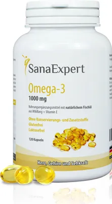 Produktbild von SanaExpert Omega-3 Fettsäuren, 1000 mg, Nahrungsergänzung mit natürlichem Fischöl aus Wildfang und Vitamin E, für Gehirn, Herz und Sehkraft, Monatspackung à 120 Kapseln
