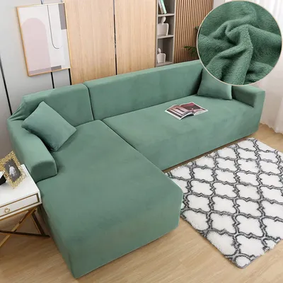 Produktbild von L-förmige Sofa-Schonbezüge, Stretch dicker Plüsch-Ecksofabezug mit 2 Kissenbezügen für 3-Sitzer + 3-Sitzer-L-Typ-Sofa-Couch Sofabezug,Grün