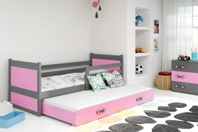 Obrázok produktu pre Detská posteľ s prístelkou a matracom 90x200 FERGUS - grafitová / ružová