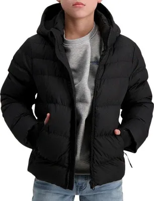 A young person wearing a black puffer jacket and a grey sweatshirt.