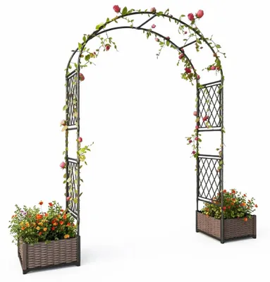 Obrázok produktu pre Kovový oblúk do záhrady – mreža na popínanie rastlín, pergola s 2 kvetináčmi – odolná voči poveternostným vplyvom – vhodná na popínanie rastlín – jednoduchá montáž – pre záhradu a svadby
