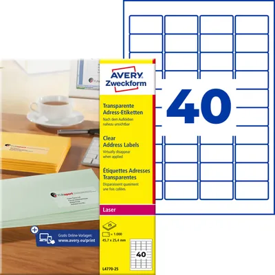 Produktbild von Avery Zweckform L4770-25, Adress-Etiketten, A4, 45,7 x 25,4 mm, 1.000 Etiketten / 25 Bögen, transparent
