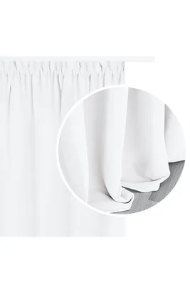 A close-up view of a white curtain hanging from a rod, with a magnified inset showing the fabric texture and folds.