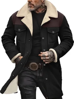 Image de ASKSA Hommes Vintage Veste en daim Chaudement doublée Veste d'hiver Veste en jean Manteau en cuir Revers Manteau d'hiver Fermeture éclair Veste en similicuir,Noir,S