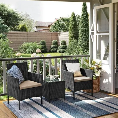 Produktbild von SONGMICS (3-tlg) Balkonmöbel, Gartenlounge-Set, aus PE-Polyrattan, Tisch und 2 Stühle, schwarz-taupe