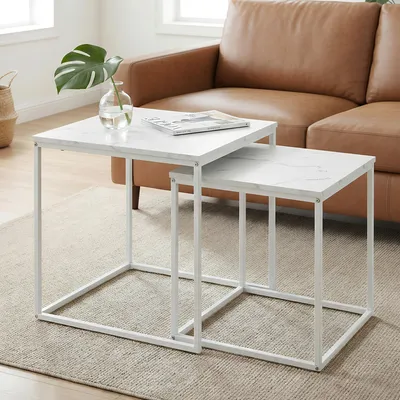 Produktbild von Couchtisch 2er Set Quadratisch Beistelltisch Loft Design 2 in 1 Verschachtelung kratzfeste Oberfläche, Wohnzimmer | Zement-Grau mit schwarzen Beinen