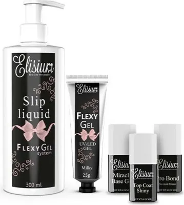 Produktbild von ELISIUM SET Start Kit Flexy Gel Pro Bond + Miracle Base Gel + Top Coat Shiny + Slip Liquid + Gel Milky