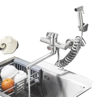 Zdjęcie produktu dla Bateria kuchenna, stal nierdzewna 304, montaż ścienny, wykończenie niklowe