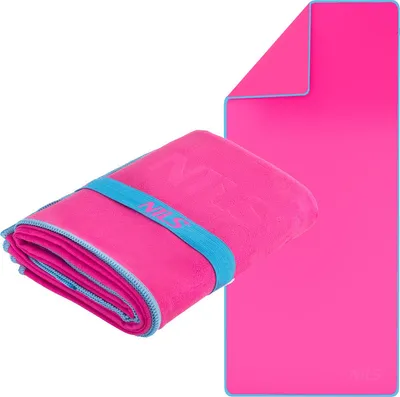 A folded and an unfolded pink microfiber towel with blue trim and a blue elastic band.