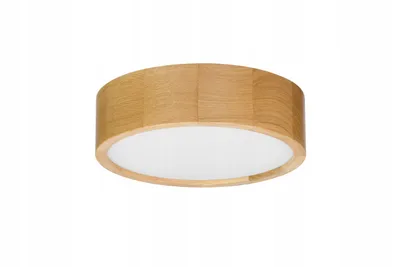 A round, wooden ceiling lamp with a white diffuser.