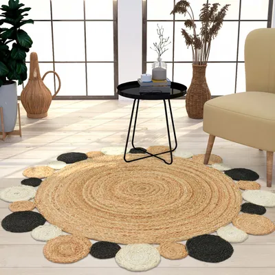 Produktbild von TT Home Wohnzimmer Teppich Rund Jute Modern Ethno Boho Handgefertigter Natur-Teppich Größe 80 cm Rund