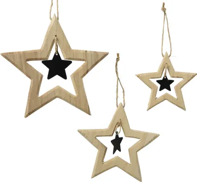 Produktbild von Christbaumschmuck Stern Figuren 11-19cm Holz 3er Set Natur