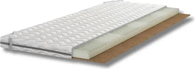 A cutaway view of a mattress topper showing its different layers.