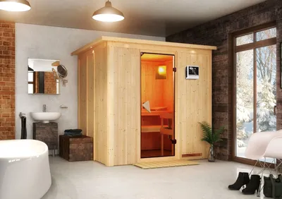 Produktbild von Karibu Sauna Innensauna Daria Fronteinstieg Ofen 3,6 kW -Ofen externe Strg. easy 210x184x202 cm mit Dachkranz  mit Bronzierter Tür