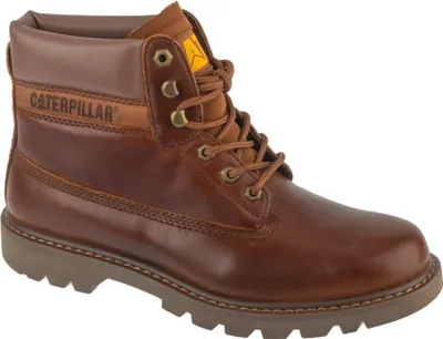 A single brown leather Caterpillar boot is shown against a white background.